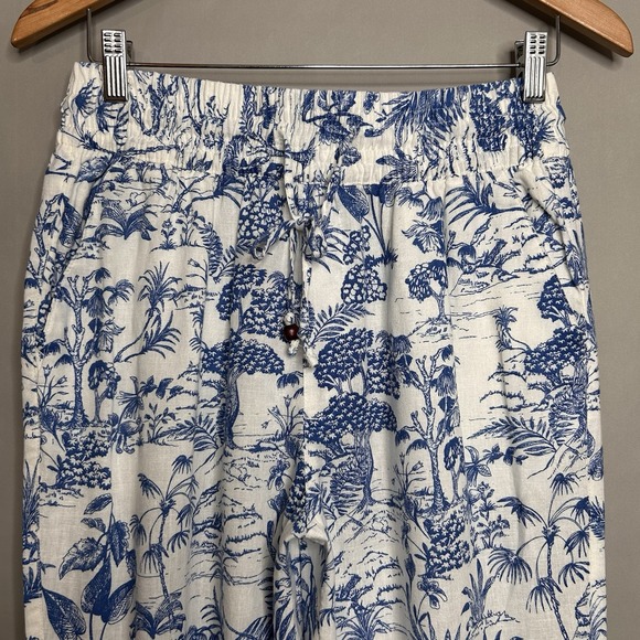 Nicole Miller Pants M White Blue Toile Linen Blend Pull On Resort Vacation - Picture 4 of 9